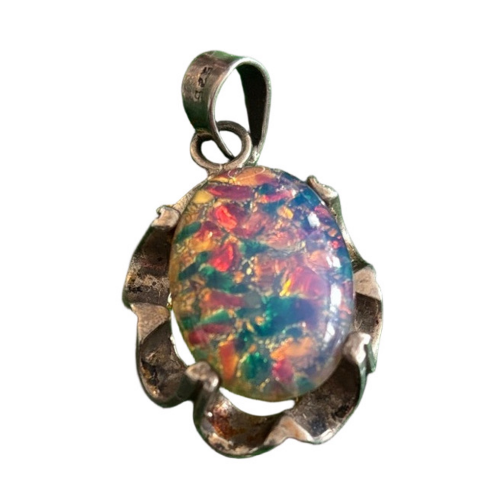 Vibrant Vintage 925 Sterling Silver Faux Rainbow Opal Pendant